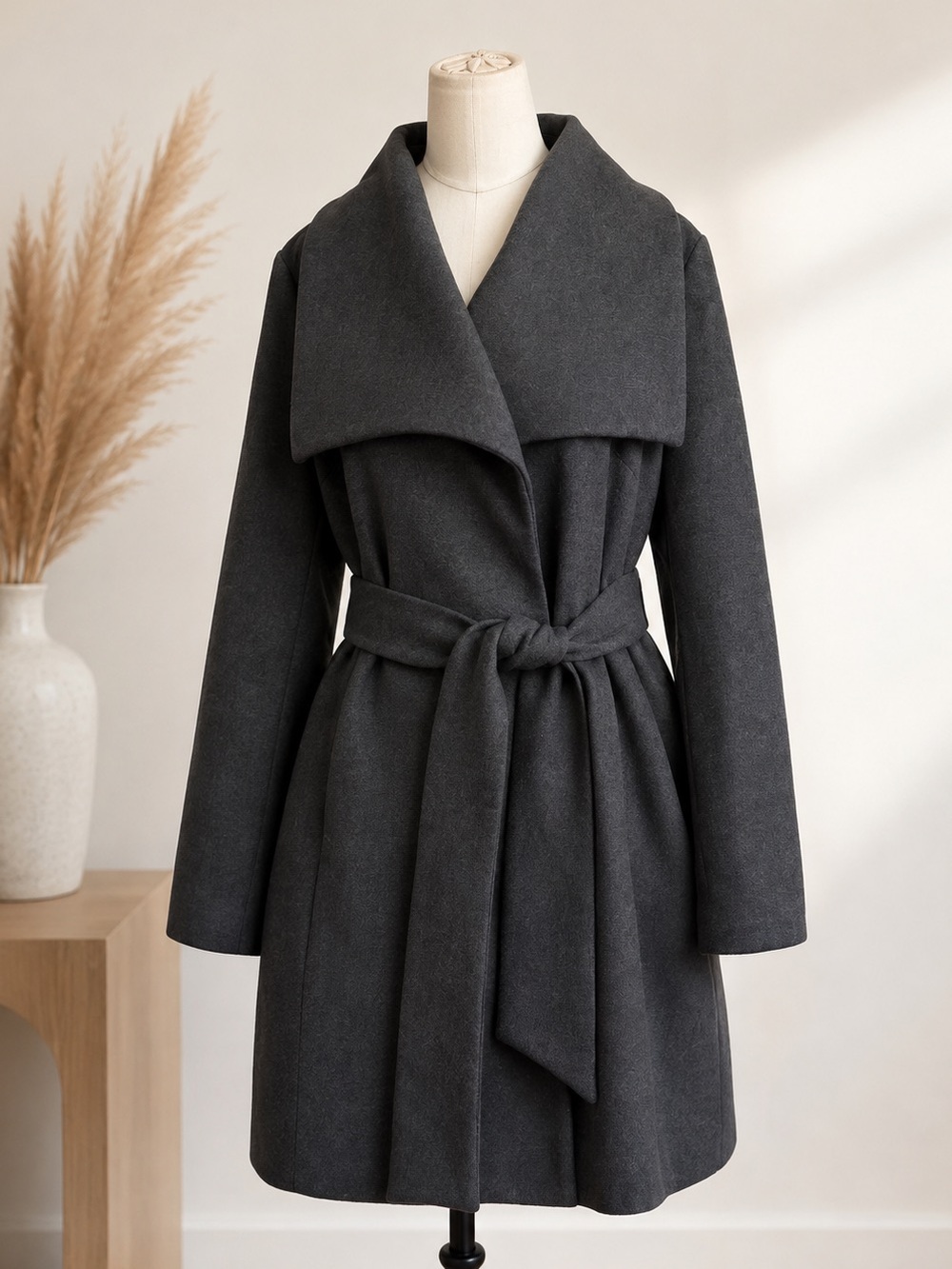 Barneys New York Charcoal Gray Belted Wrap Coat Oversized Collar Size L